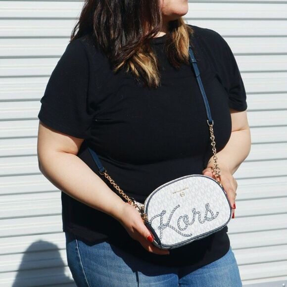 NWT Michael Kors Jet Set Charm Rope Seaside Camera Crossbody Bag White Navy - Picture 1 of 12